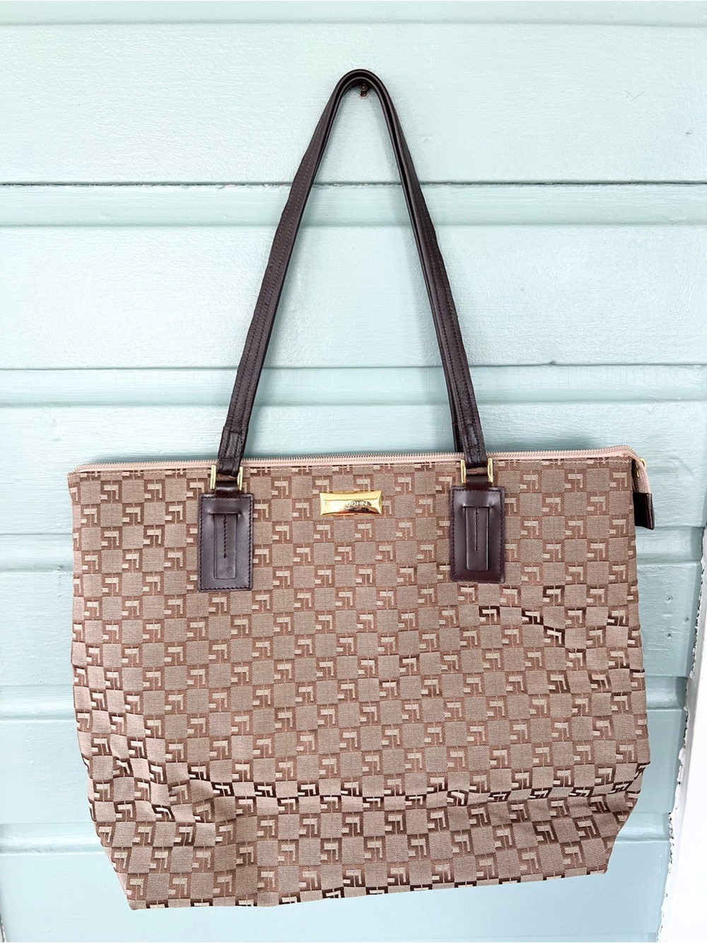 St. John vintage leather strap shoulder bag tote purse canvas house web fall